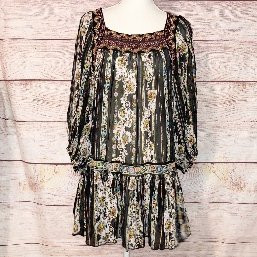 Free People Dance Magic Floral Print Metallic Tunic Dress Size S